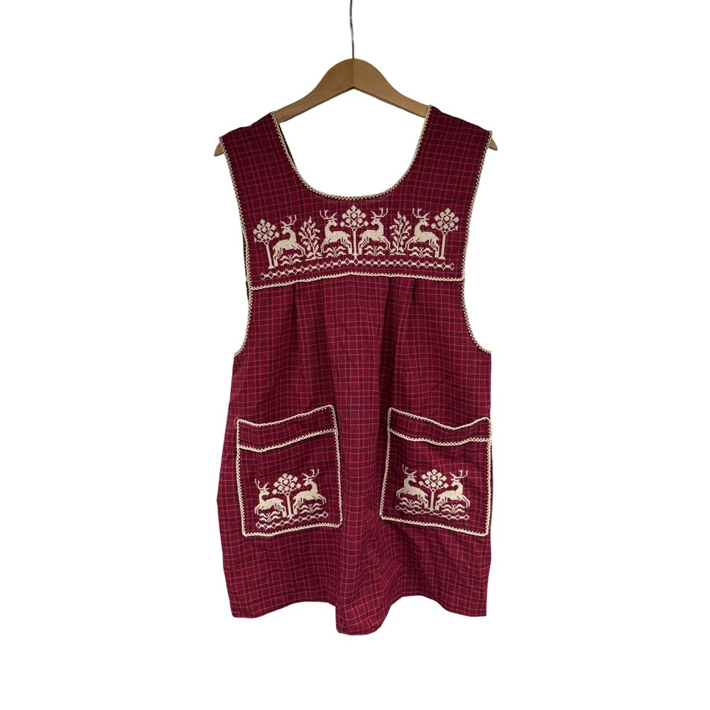 Handmade Plaid Reindeer Cross Stitch Pinafore Apron Red Black Folk Art Pockets
